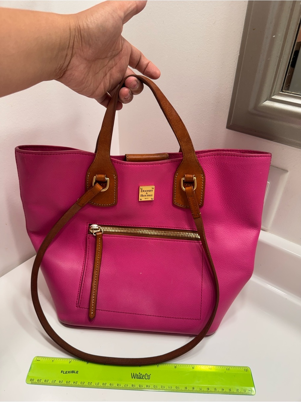 Dooney & Bourke Pink Magenta Leather Tote with Brown Trim